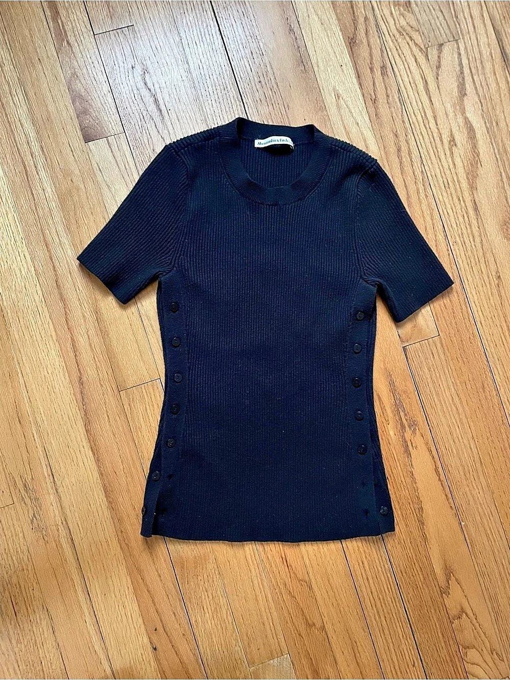 Abercrombie & Fitch Button Through Ribbed Top Black